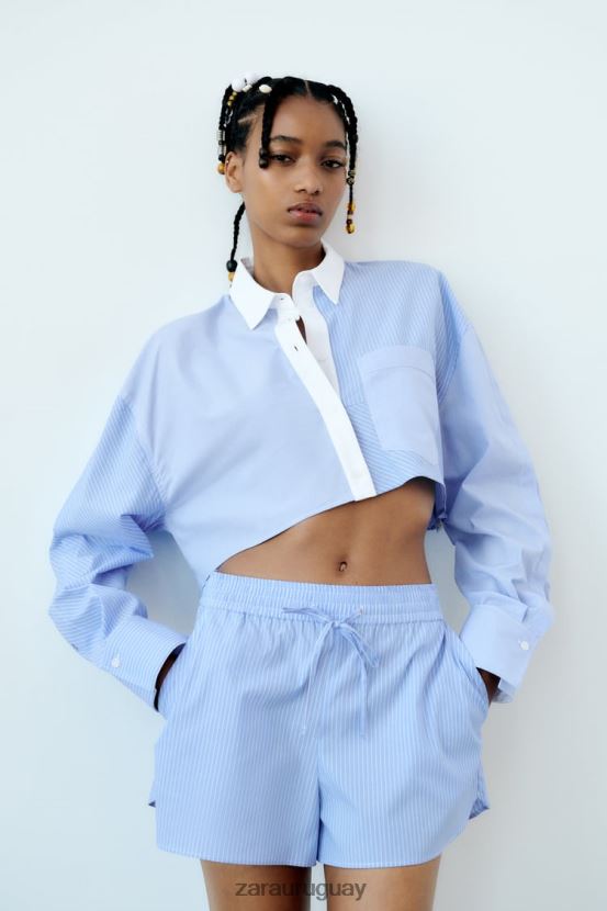 Zara pantalones cortos de popelina a rayas mujer H6RHL2590 azul blanco ropa