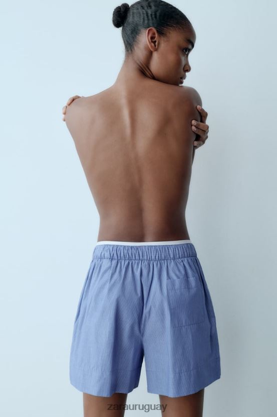 Zara pantalones cortos de popelina a rayas mujer H6RHL2600 azul ropa