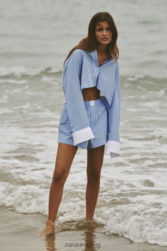 Zara pantalones cortos de popelina a rayas mujer H6RHL2602 azul blanco ropa