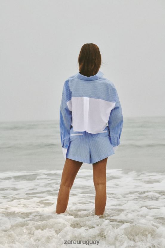 Zara pantalones cortos de popelina a rayas mujer H6RHL2602 azul blanco ropa