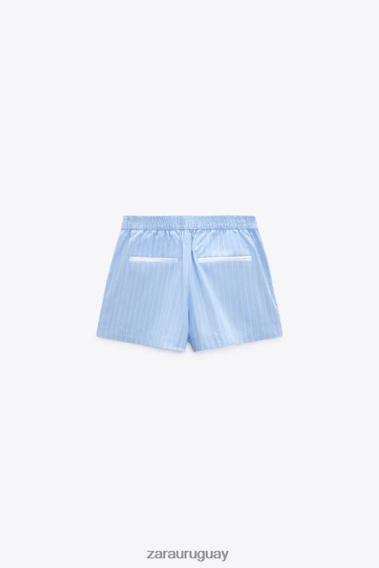 Zara pantalones cortos de popelina a rayas mujer H6RHL2602 azul blanco ropa