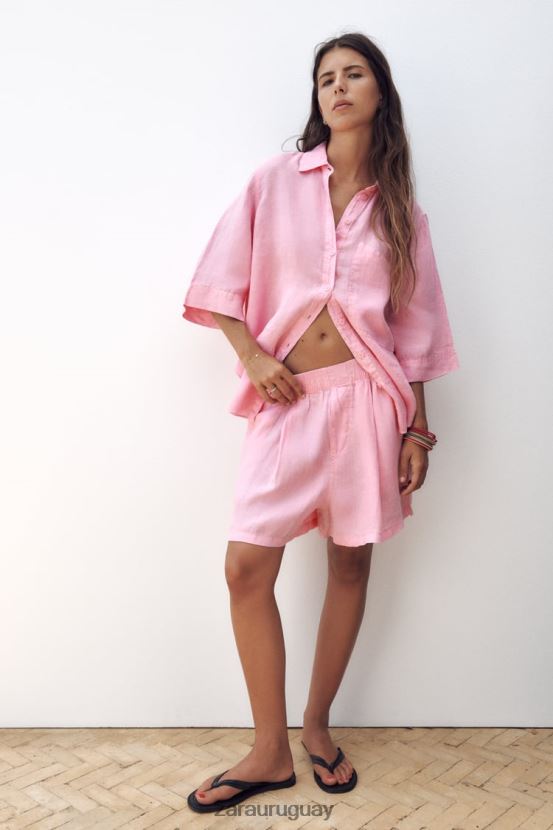 Zara shorts de lino con trabillas mujer H6RHL2607 chicle ropa