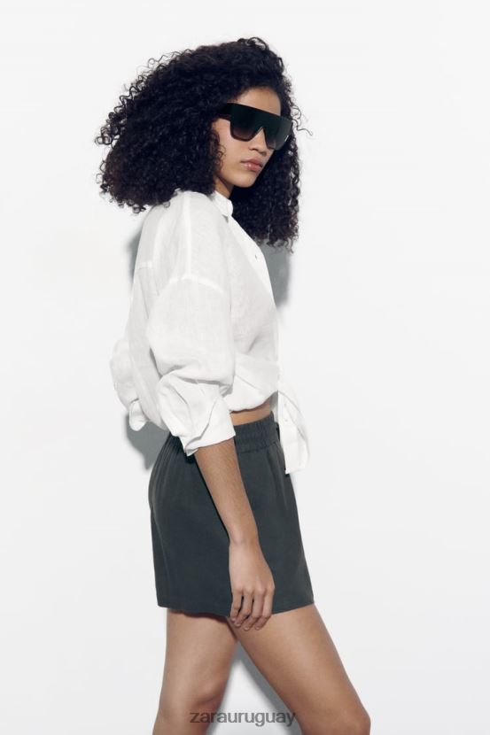 Zara shorts de mezcla de lino con cinturilla elástica mujer H6RHL2577 gris antracita ropa