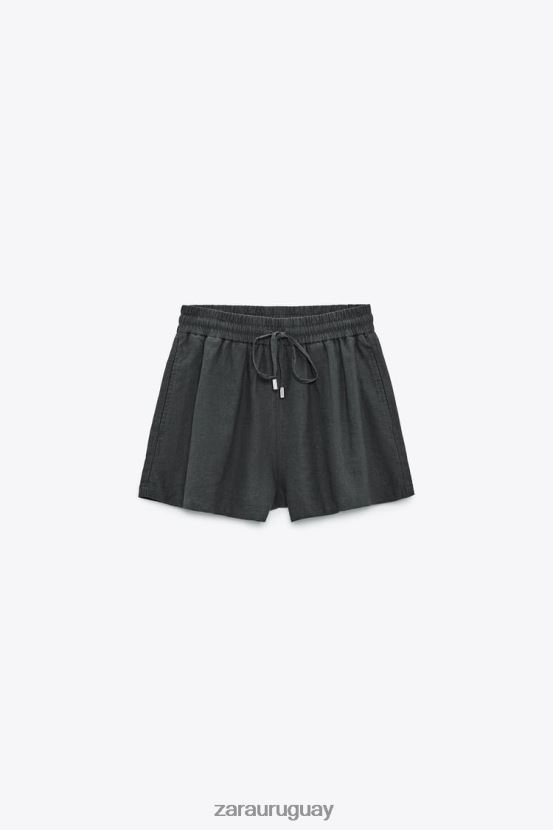Zara shorts de mezcla de lino con cinturilla elástica mujer H6RHL2577 gris antracita ropa