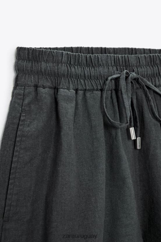 Zara shorts de mezcla de lino con cinturilla elástica mujer H6RHL2577 gris antracita ropa