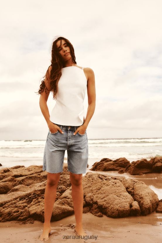 Zara shorts de mezclilla de talle medio mujer H6RHL2596 azul claro ropa