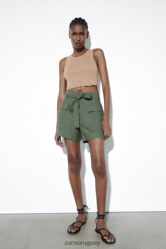 Zara shorts en mezcla de lino con cinturón mujer H6RHL2609 caqui ropa