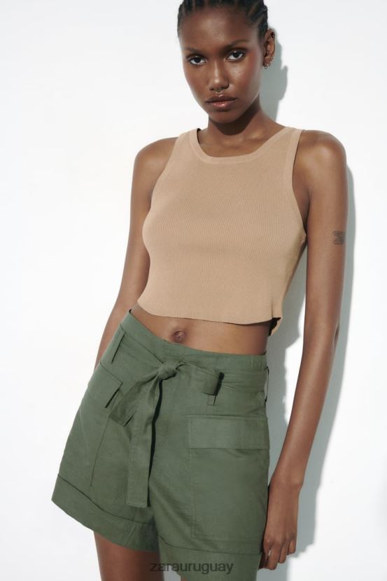 Zara shorts en mezcla de lino con cinturón mujer H6RHL2609 caqui ropa