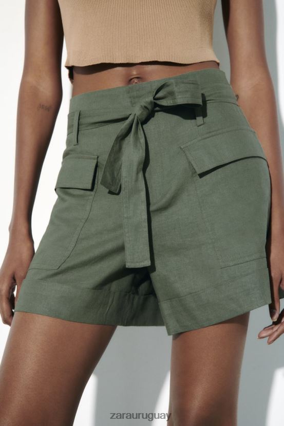 Zara shorts en mezcla de lino con cinturón mujer H6RHL2609 caqui ropa