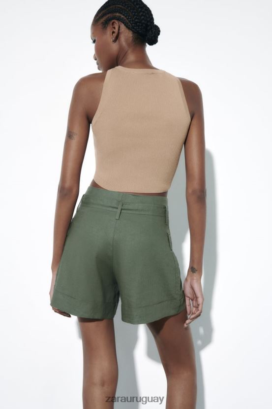 Zara shorts en mezcla de lino con cinturón mujer H6RHL2609 caqui ropa