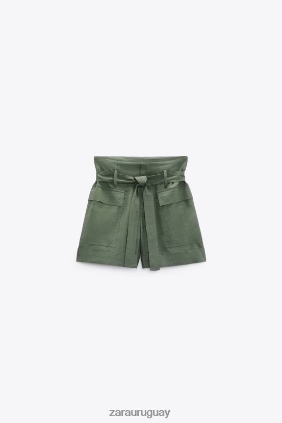 Zara shorts en mezcla de lino con cinturón mujer H6RHL2609 caqui ropa