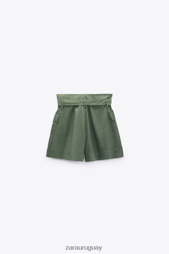 Zara shorts en mezcla de lino con cinturón mujer H6RHL2609 caqui ropa