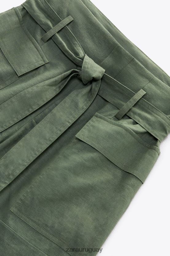 Zara shorts en mezcla de lino con cinturón mujer H6RHL2609 caqui ropa