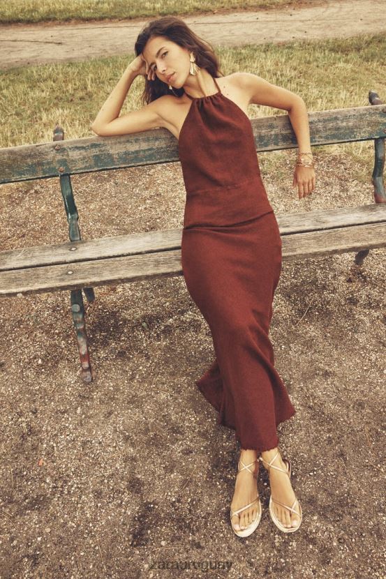 Zara falda de lino deshilachada mujer H6RHL2707 ladrillo ropa