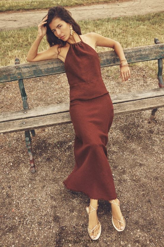 Zara falda de lino deshilachada mujer H6RHL2707 ladrillo ropa