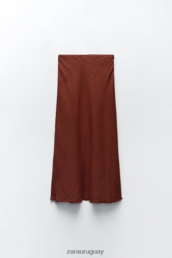 Zara falda de lino deshilachada mujer H6RHL2707 ladrillo ropa