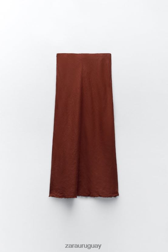 Zara falda de lino deshilachada mujer H6RHL2707 ladrillo ropa