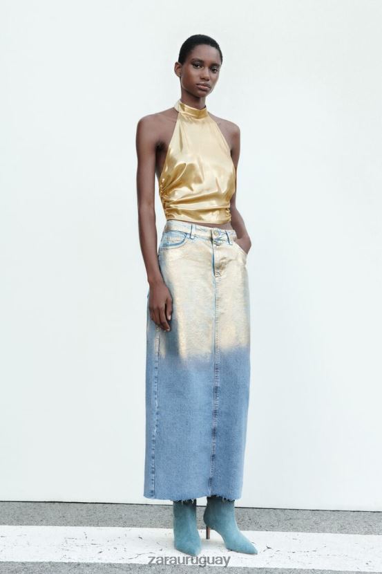 Zara falda de mezclilla metalizada z1975 mujer H6RHL2682 azul medio ropa