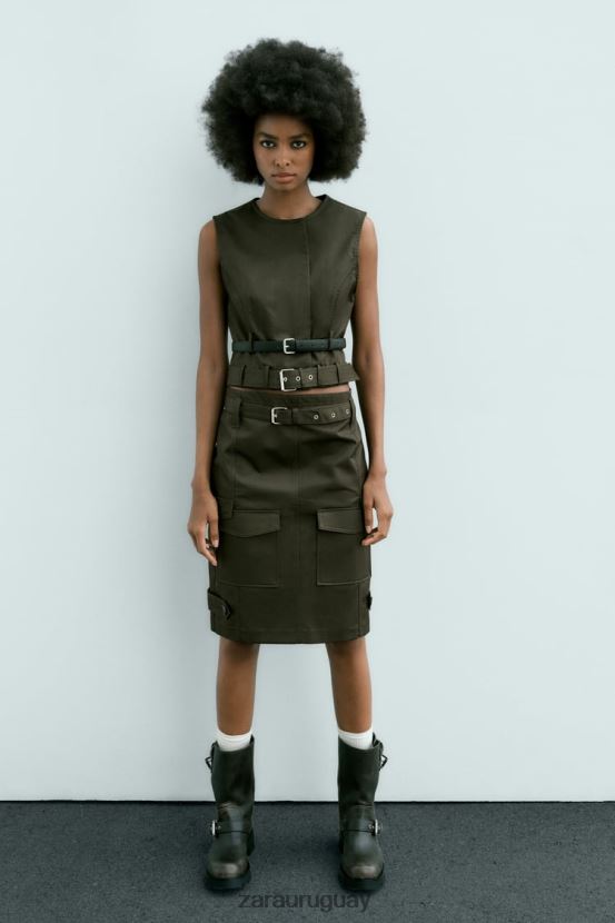 Zara falda midi con bolsillos mujer H6RHL2655 caqui medio ropa
