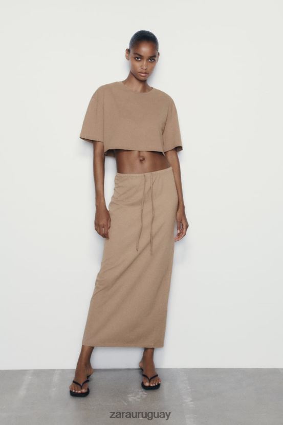 Zara falda midi con efecto lavado mujer H6RHL2686 marrón claro ropa