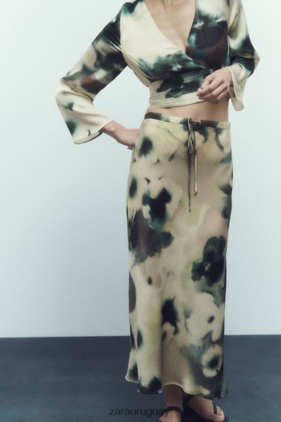 Zara falda midi con efecto satinado y estampado tie-dye mujer H6RHL2701 multicolor ropa