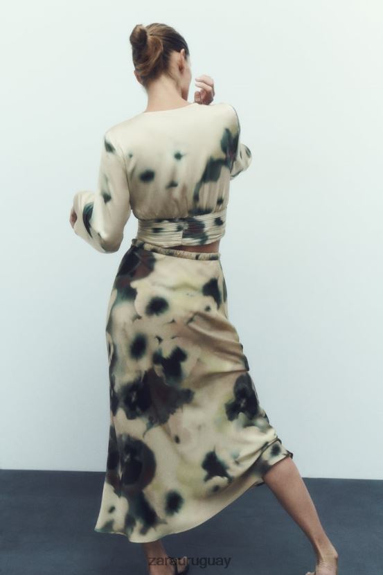 Zara falda midi con efecto satinado y estampado tie-dye mujer H6RHL2701 multicolor ropa