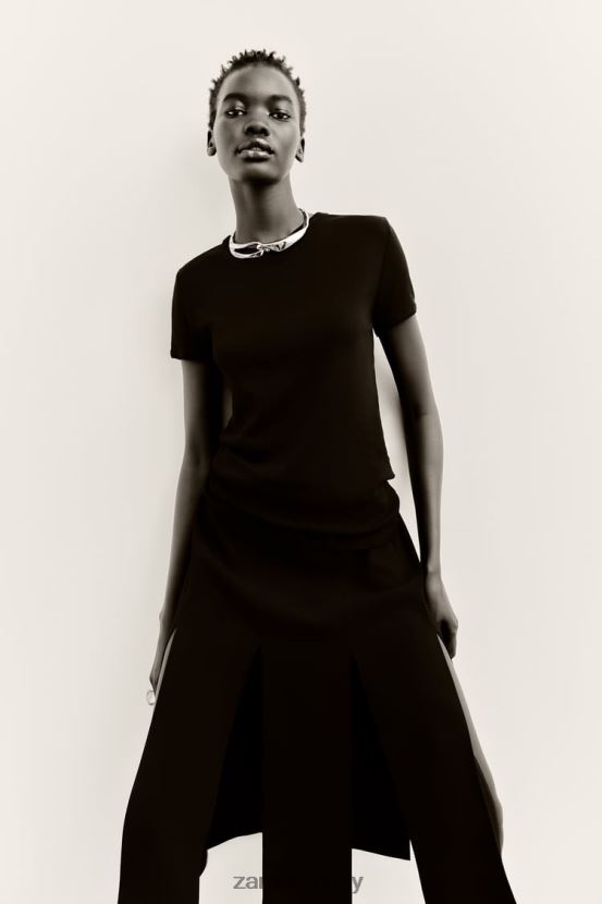 Zara falda midi con tiras mujer H6RHL2690 negro ropa