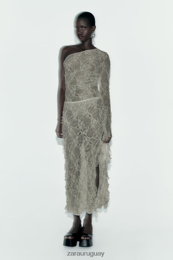 Zara falda midi de encaje con volantes mujer H6RHL2704 caqui claro ropa