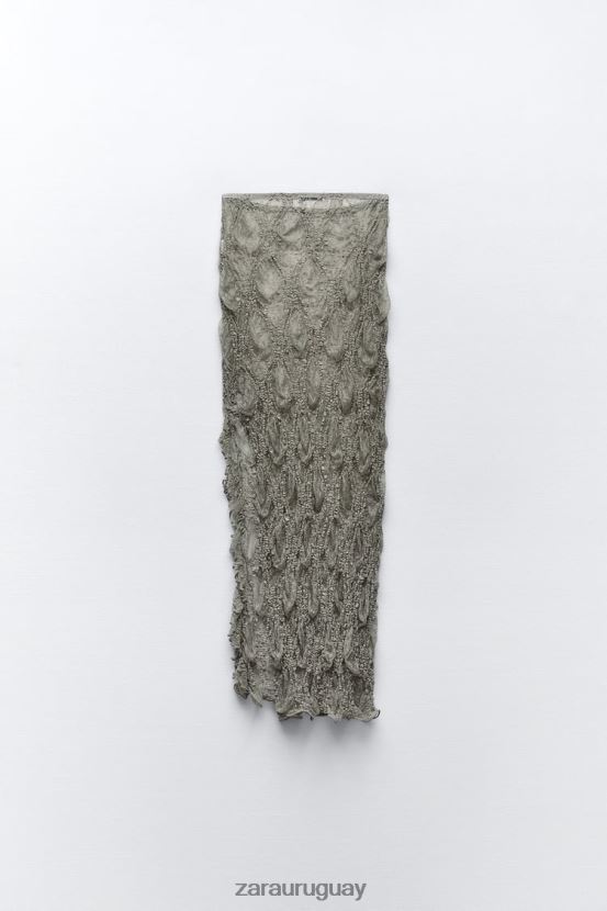 Zara falda midi de encaje con volantes mujer H6RHL2704 caqui claro ropa