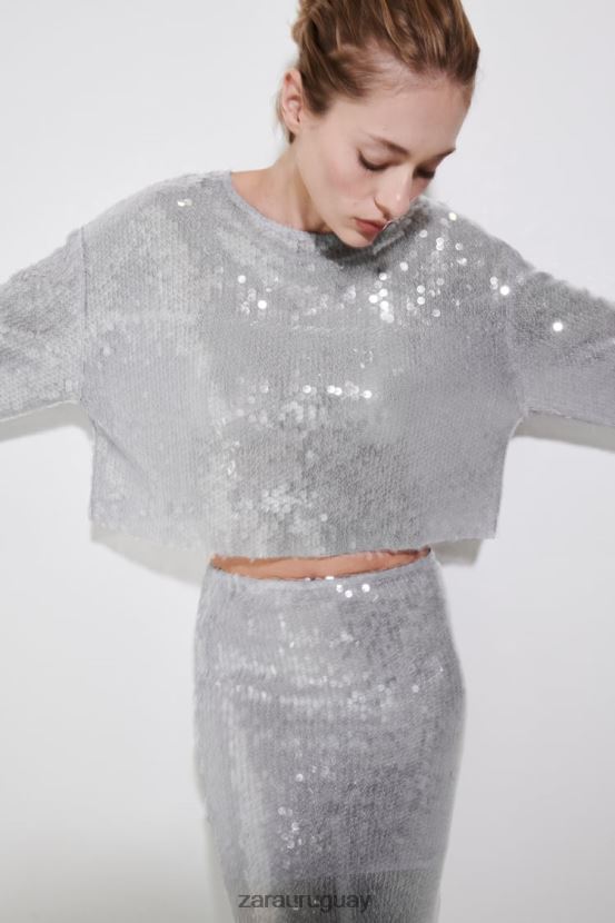 Zara falda midi de lentejuelas mujer H6RHL2648 gris ropa