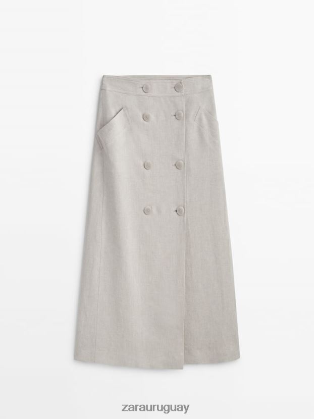 Zara falda midi de mezcla de lino con doble botón mujer H6RHL2857 crudo ropa