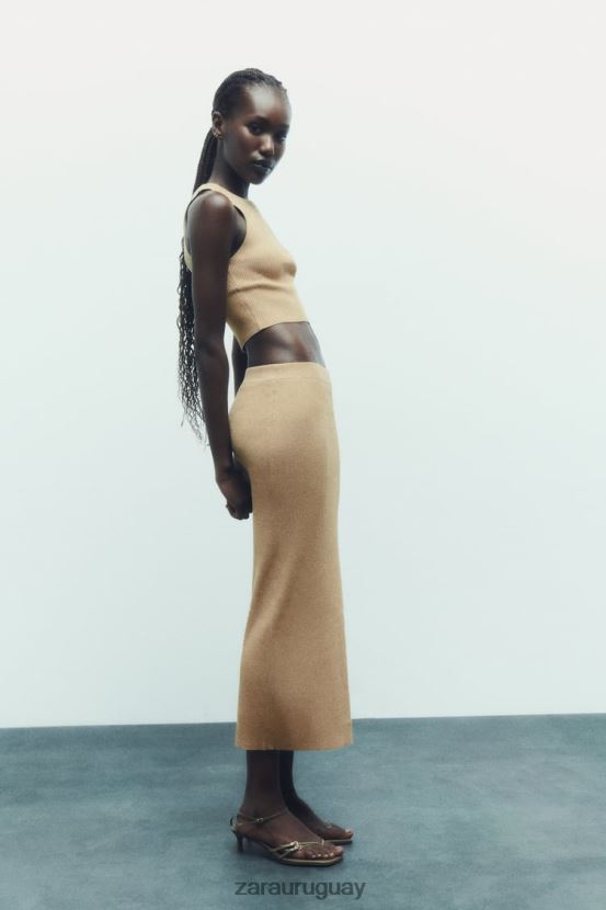 Zara falda midi de punto con hilo metalizado mujer H6RHL2720 dorado ropa