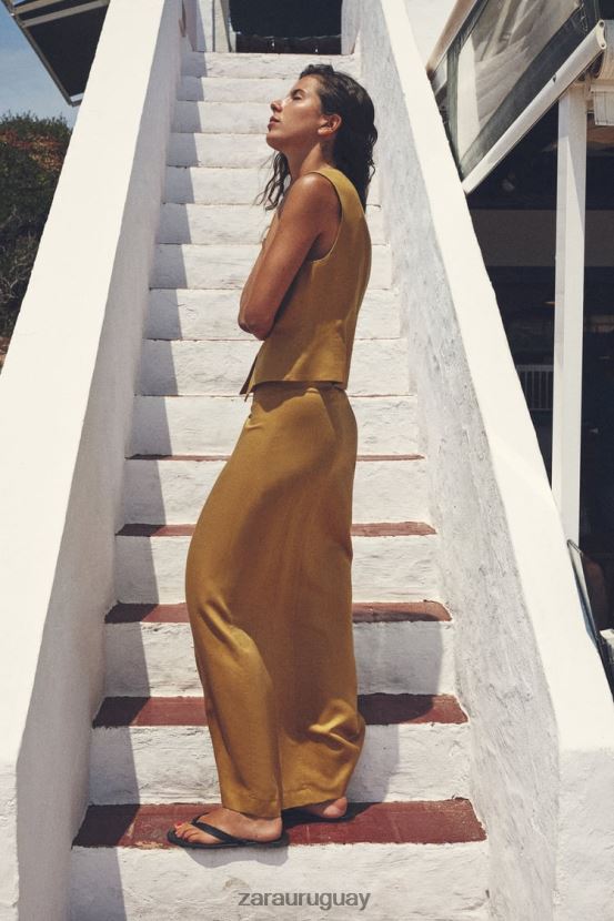 Zara falda midi en mezcla de lino mujer H6RHL2666 verde oliva ropa