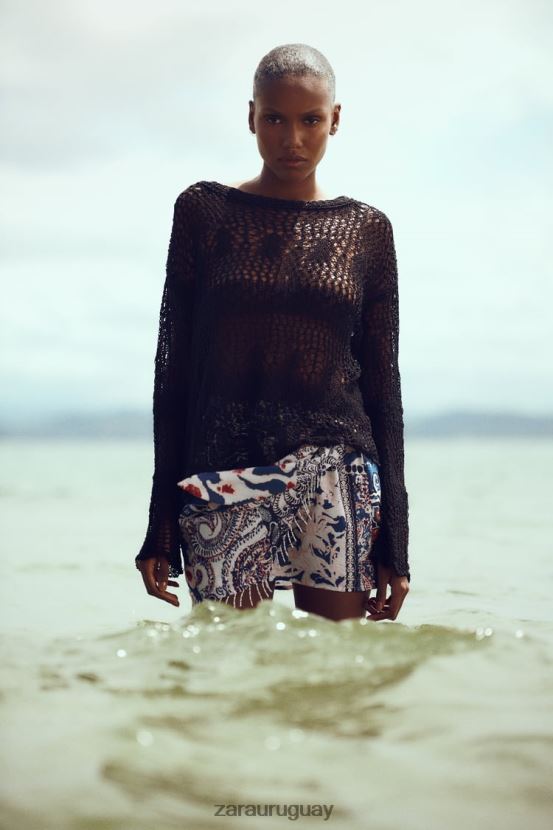 Zara minifalda estampada con flecos mujer H6RHL2714 azul blanco ropa