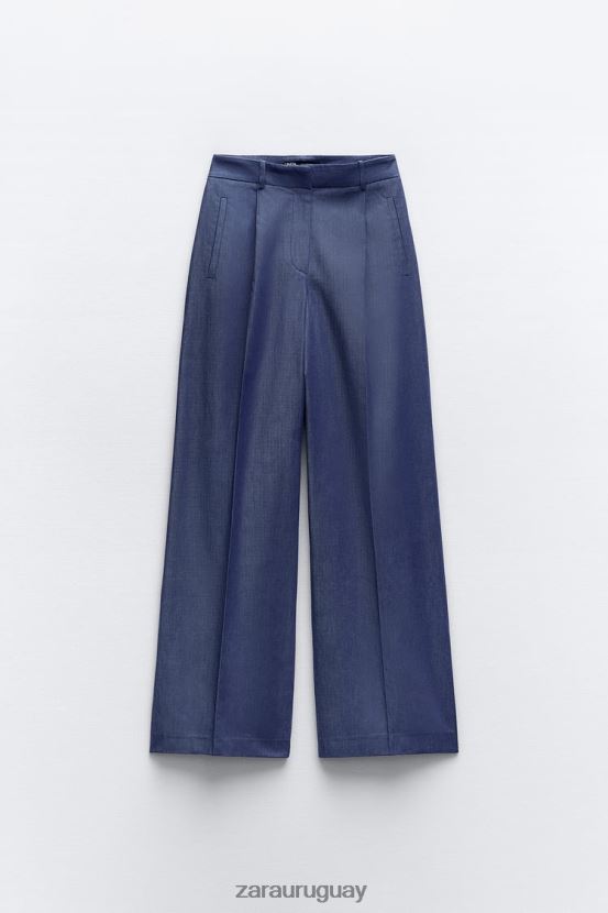 Zara pantalones anchos con pinzas mujer H6RHL2493 índigo ropa