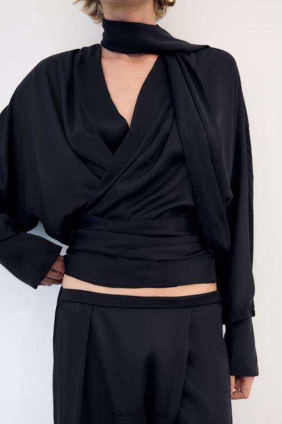 Zara pantalones anchos de satén mujer H6RHL2834 negro ropa