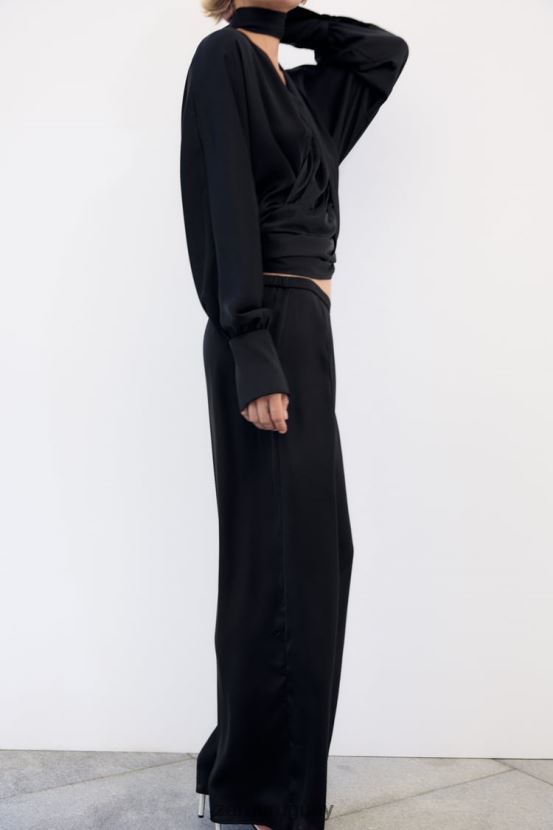 Zara pantalones anchos de satén mujer H6RHL2834 negro ropa