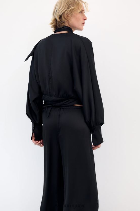 Zara pantalones anchos de satén mujer H6RHL2834 negro ropa