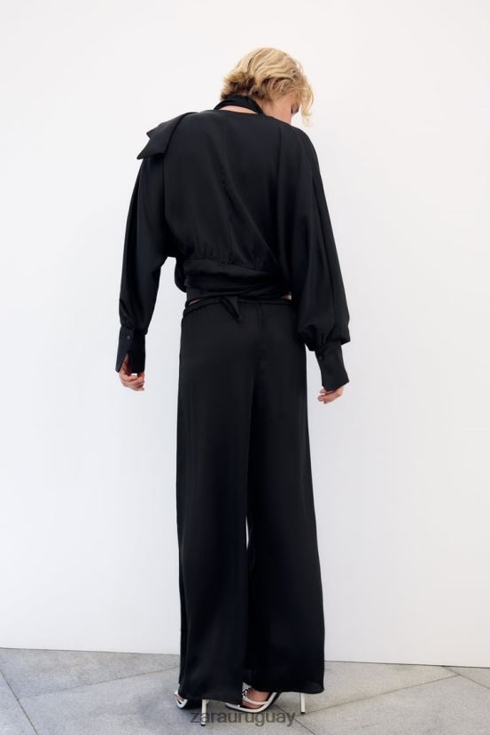 Zara pantalones anchos de satén mujer H6RHL2834 negro ropa