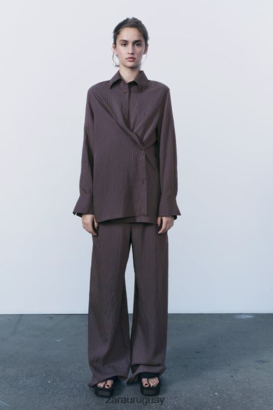 Zara pantalones anchos minimalistas de rayas de la colección zw mujer H6RHL2496 marrón/azul ropa