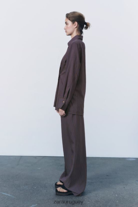 Zara pantalones anchos minimalistas de rayas de la colección zw mujer H6RHL2496 marrón/azul ropa