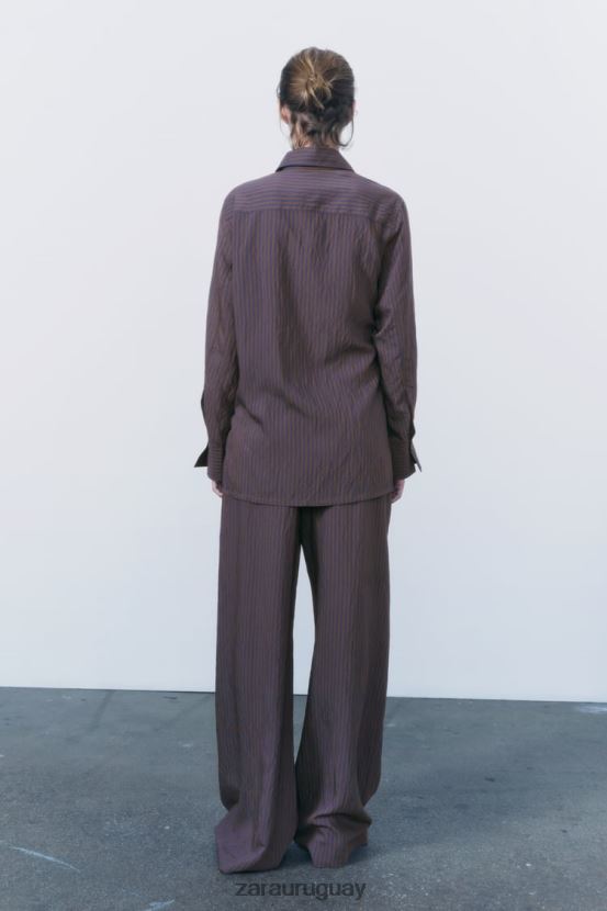 Zara pantalones anchos minimalistas de rayas de la colección zw mujer H6RHL2496 marrón/azul ropa