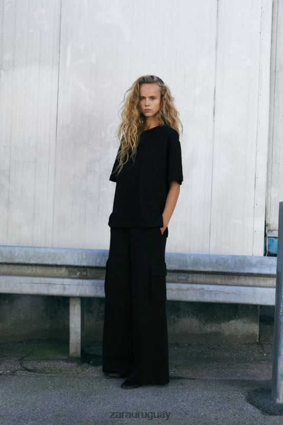 Zara pantalones cargo de felpa mujer H6RHL2489 negro ropa