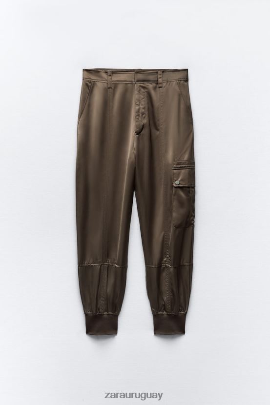 Zara pantalones deportivos con efecto satinado mujer H6RHL2494 caqui ropa
