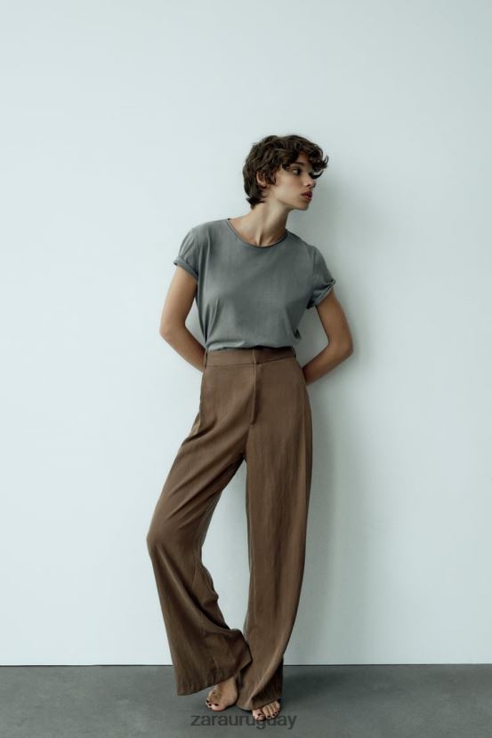 Zara pantalones largos mujer H6RHL2873 marrón/topo ropa