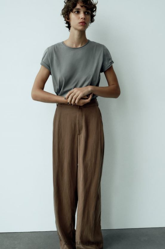 Zara pantalones largos mujer H6RHL2873 marrón/topo ropa