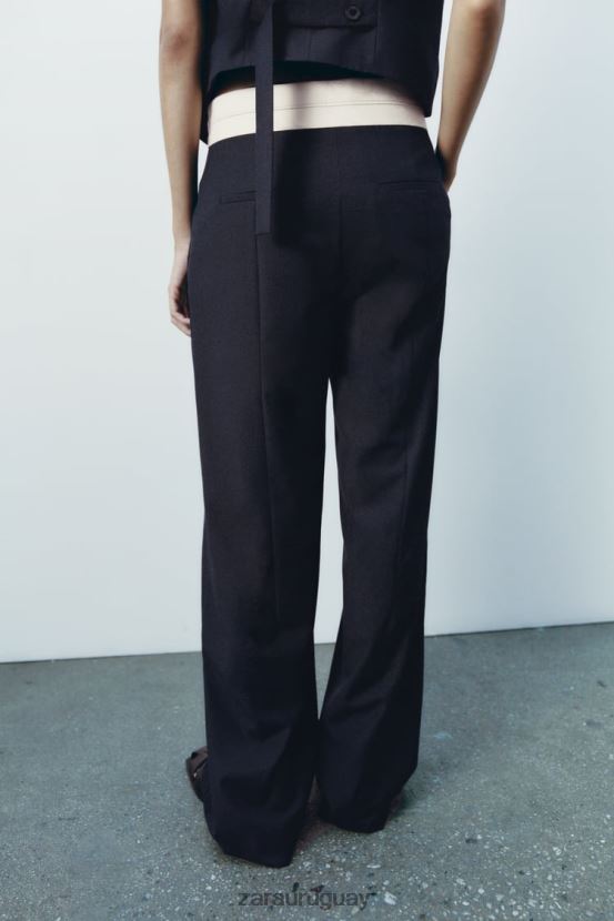 Zara pantalones rectos con cintura en contraste de la colección zw mujer H6RHL2483 Azul marino ropa