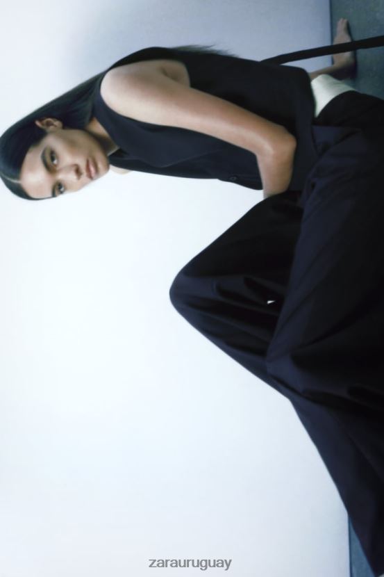 Zara pantalones rectos con cintura en contraste de la colección zw mujer H6RHL2483 Azul marino ropa