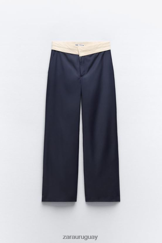 Zara pantalones rectos con cintura en contraste de la colección zw mujer H6RHL2483 Azul marino ropa