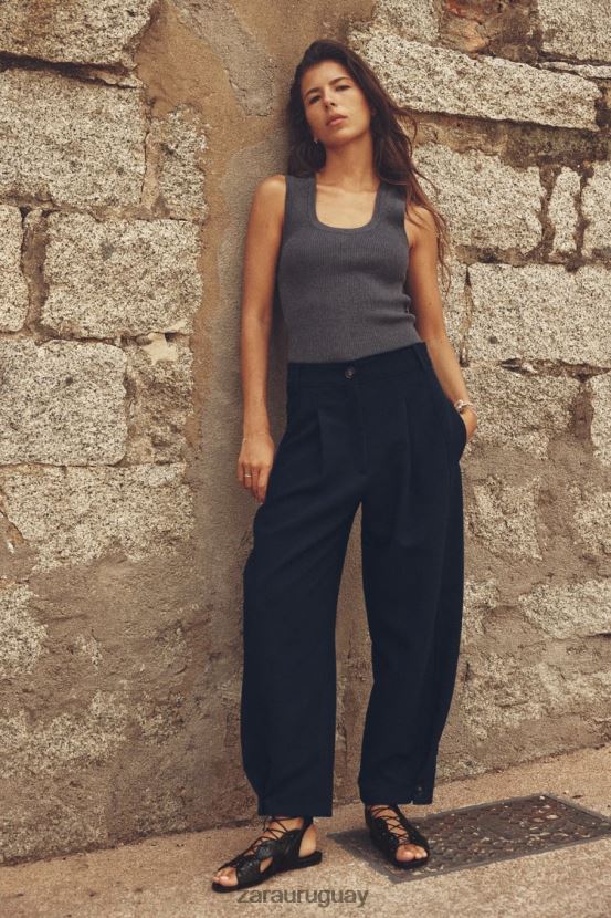 Zara pantalones tapered con pliegues mujer H6RHL2492 Azul marino ropa